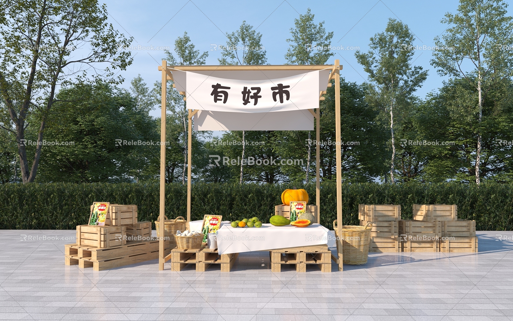 Camping Market Booth Net Celebrite Booth Food Combination Wooden Box Camping Swing 3d model