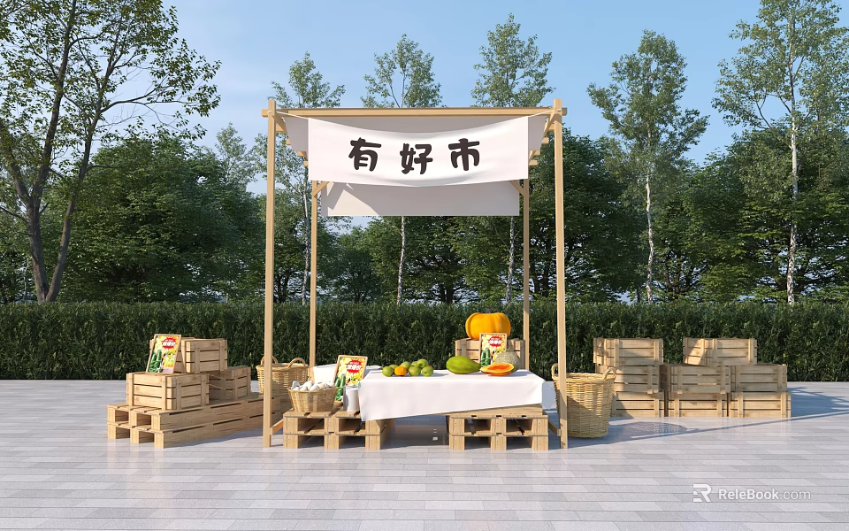Outdoor Commercial Equipment for Market Stall With Wooden Crates Fruits And Trees 3d model 