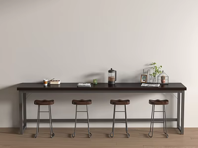 Black Bar Counter with Metal Frame and Four Brown Stools on Light Wall Wooden Floor 3d model