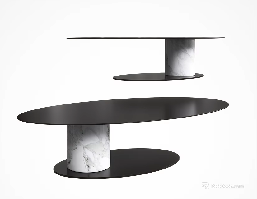Modern Coffee Table with Black Oval Tabletop and White Marble Column Base Design 3d model