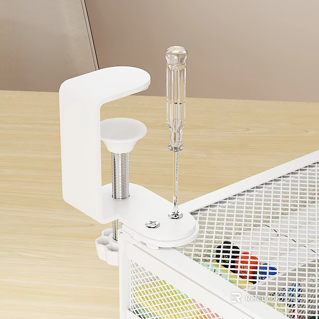White Clamp Device With Transparent Tool Securing Grid Panel On Wooden Table With Colorful Items 3d model
