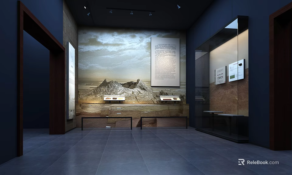Museum Exhibition Hall Featuring Glass Display Cases And Historical Wall Artifacts 3d model 