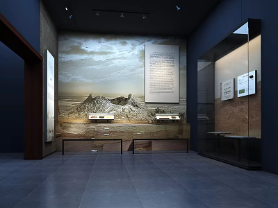 Museum Exhibition Hall Featuring Glass Display Cases And Historical Wall Artifacts 3d model