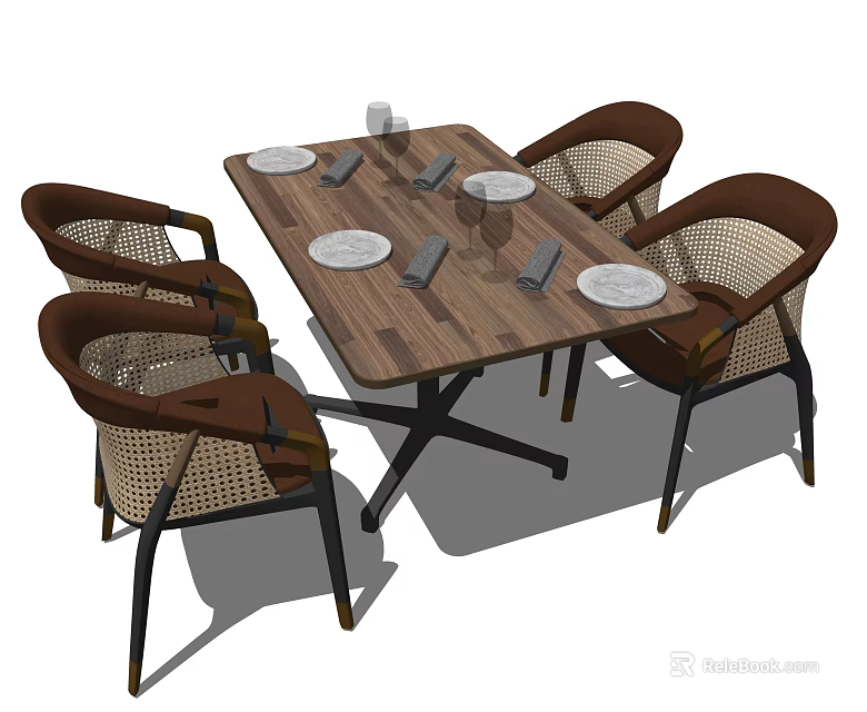 Rectangular Wooden Dining Table Set With Four Rattan Chairs And Plates 3d model