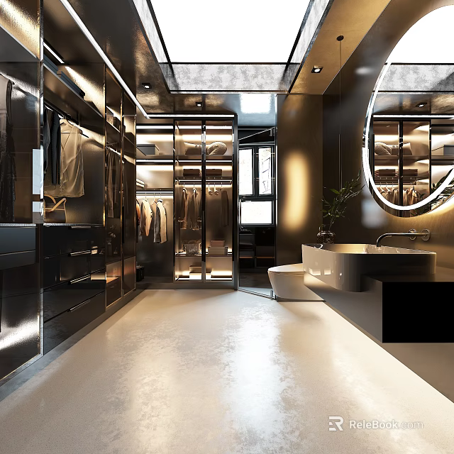 Elegant Modern Walk In Closet With Glass Door Cabinets Round Mirror And Lighting 3d model 