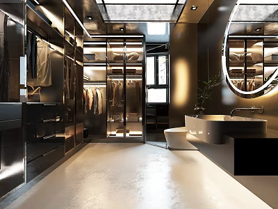 Elegant Modern Walk In Closet With Glass Door Cabinets Round Mirror And Lighting 3d model