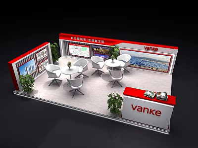 Vanke Exhibition Booth With Round Tables White Chairs Green Plants And Display Walls 3d model