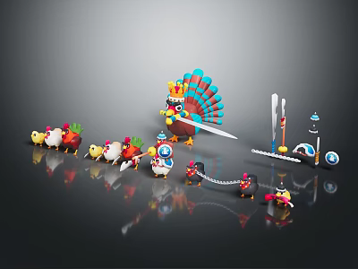Cartoon Turkey and Small Animal Characters with Colorful Feathers in Playful Scene 3d model