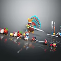 Cartoon Turkey and Small Animal Characters with Colorful Feathers in Playful Scene