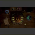 Vintage Style Glowing Lamp Set With Mechanical Elements Wooden Base And Decorative Items