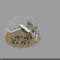 Dome Shaped Tent Interior With Wooden Tables Chairs And Modern Seating Space