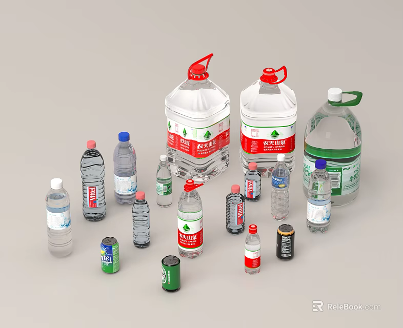 Various Drinks Display with Bottled Water and Canned Beverages in Different Sizes 3d model 
