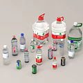Various Drinks Display with Bottled Water and Canned Beverages in Different Sizes 3d model