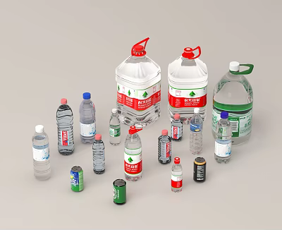 Various Drinks Display with Bottled Water and Canned Beverages in Different Sizes 3d model