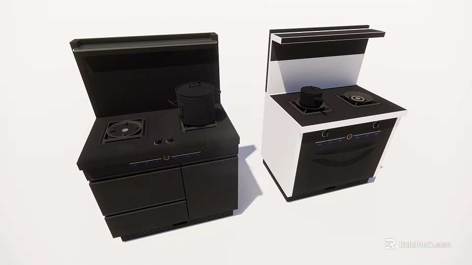 Modern Kitchen Appliances Black And White With Open Top Stove And Cabinet Design 3d model 
