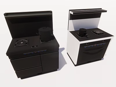 Modern Kitchen Appliances Black And White With Open Top Stove And Cabinet Design 3d model