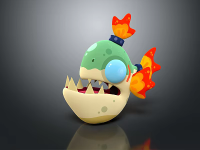 Cute 3D Green Fish Creature Character With Blue Eyes Sharp Teeth And Flame Details 3d model