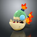Cute 3D Green Fish Creature Character With Blue Eyes Sharp Teeth And Flame Details