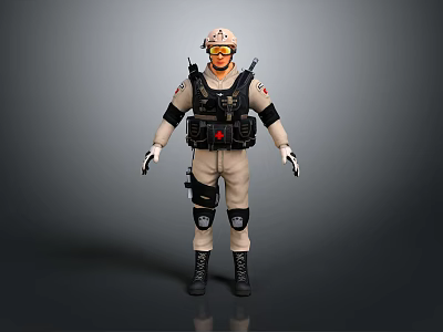 Detailed 3D Character Model In Beige Uniform With Black Gear Helmet Goggles And Red Chest Logo 3d model