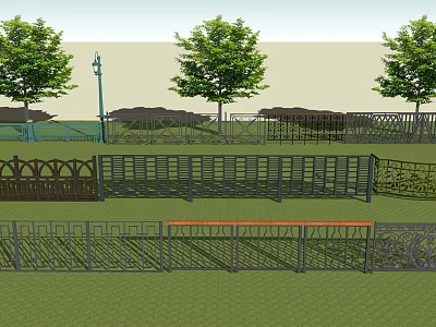 Diverse Outdoor Fence Designs With Intricate Patterns On Green Lawn And Trees 3d model