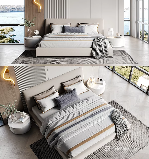 Modern Double Bed Bedroom Interior With Pillows Nightstand Rug And Large Window 3d model