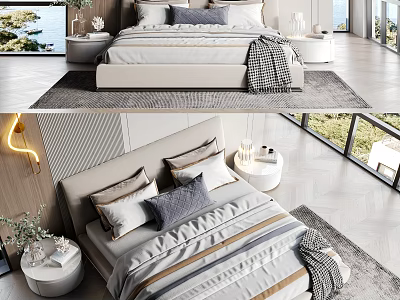 Modern Double Bed Bedroom Interior With Pillows Nightstand Rug And Large Window 3d model