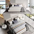 Modern Double Bed Bedroom Interior With Pillows Nightstand Rug And Large Window 3d model