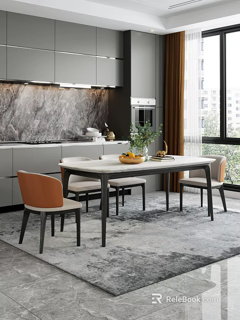 Modern Dining Table Set With Marble Top And Orange Chairs In Kitchen 3d model 