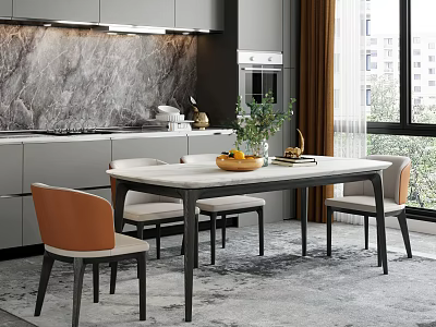 Modern Dining Table Set With Marble Top And Orange Chairs In Kitchen 3d model