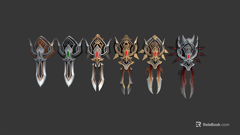 Ornate Decorative Weapons With Various Designs Gemstone Accents And Spiked Details 3d model 