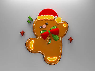 Festive Christmas Gingerbread Man Photo Spot With Santa Hat Red Bow And Stars 3d model