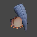 Cartoon Game Character With Beige Head Black Hollow Eyes Large Hat Blue Outfit Orange Ornaments