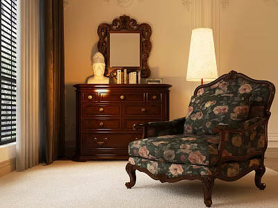 Vintage Floral Pattern Armchair With Wooden Frame And Matching Dresser Table Lamp 3d model
