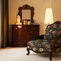 Vintage Floral Pattern Armchair With Wooden Frame And Matching Dresser Table Lamp