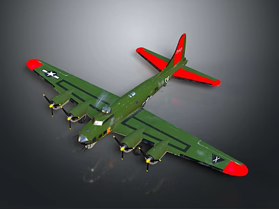 Detailed Green Military Airplane Model With Red Wings Tail And White Star Emblem 3d model