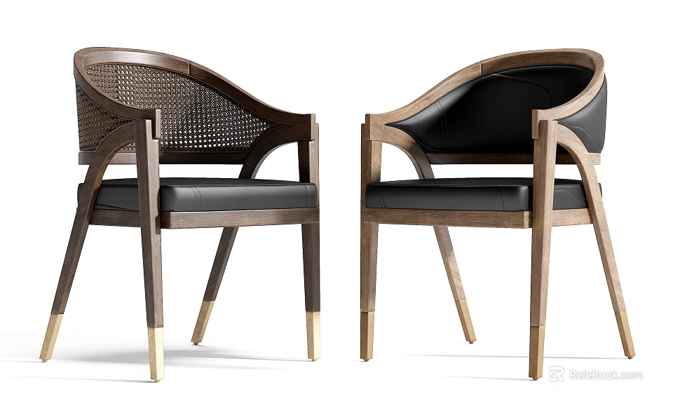 Modern Single Chair With Wooden Frame Woven And Leather Backrest And Golden Legs 3d model 