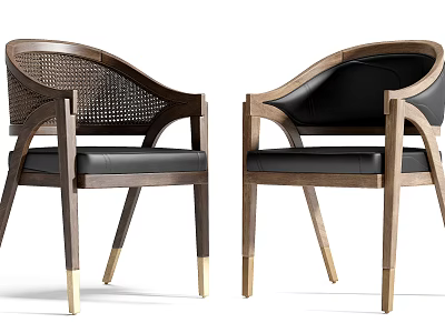 Modern Single Chair With Wooden Frame Woven And Leather Backrest And Golden Legs 3d model