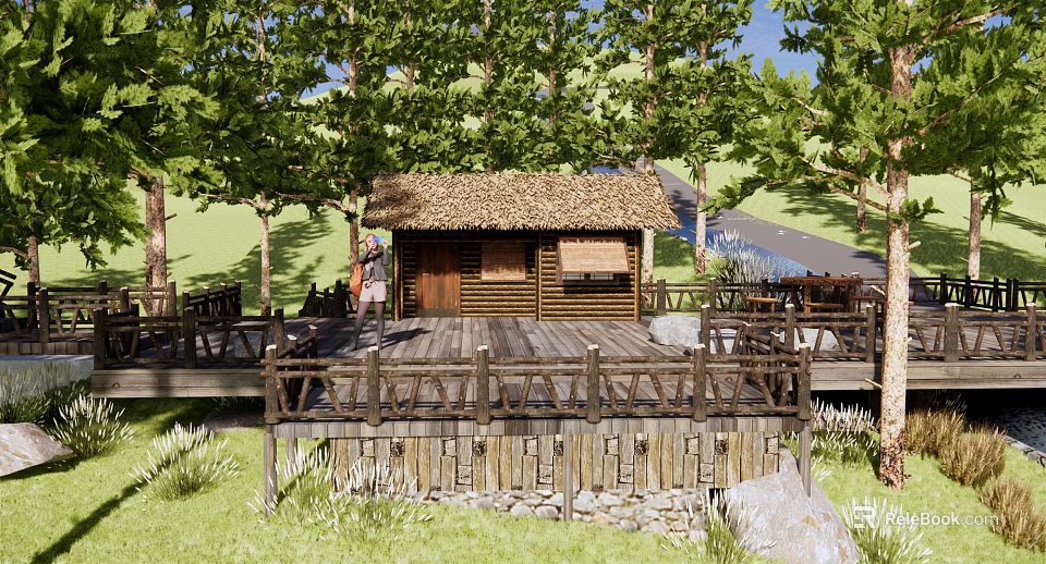 Rustic Lodge With Thatched Roof Wooden Platform And Outdoor Rest Area Surrounded By Green Trees 3d model 