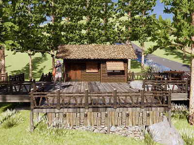 Rustic Lodge With Thatched Roof Wooden Platform And Outdoor Rest Area Surrounded By Green Trees 3d model