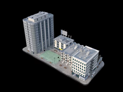 3D Urban Building Complex Model Featuring Tall Low Rise Structures Green Area and Street 3d model