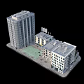 3D Urban Building Complex Model Featuring Tall Low Rise Structures Green Area and Street