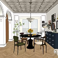 Elegant Restaurant Interior With Round Dining Table Green Chairs Pendant Light And Herringbone Floor 3d model
