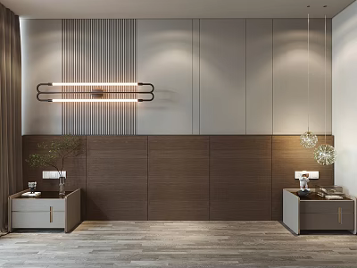 Modern Bedroom Accent Wall With Vertical Stripes Wooden Panel Wall Lamp And Nightstands 3d model