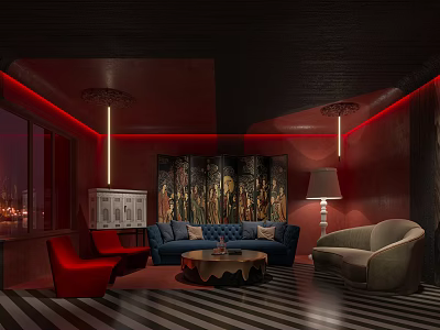 Hotel Public Lounge Area With Comfortable Sofas Coffee Table Mural Painting And Modern Lighting 3d model