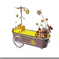 Festive Decorative Cart With Hanging Gold Stars Gift Boxes And Silver Wheels