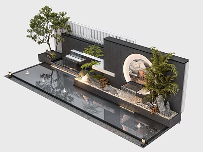 Modern Outdoor Feature Wall With Lush Plants Water Pool And Circular Stone Accents 3d model