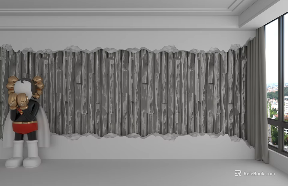 Gray Wave Textured Background Wall In Modern Minimalist Interior Space 3d model 