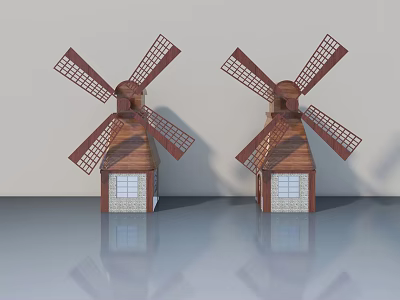 Wooden Side Hinged Door on Traditional Windmill Models with Stone Base and Reflections 3d model