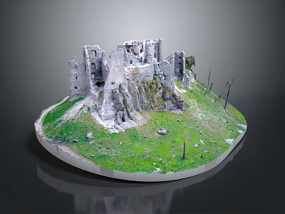 Detailed Castle Ruins Model On Circular Base With Green Grass Small Stones And Wooden Stakes 3d model
