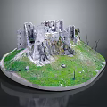 Detailed Castle Ruins Model On Circular Base With Green Grass Small Stones And Wooden Stakes
